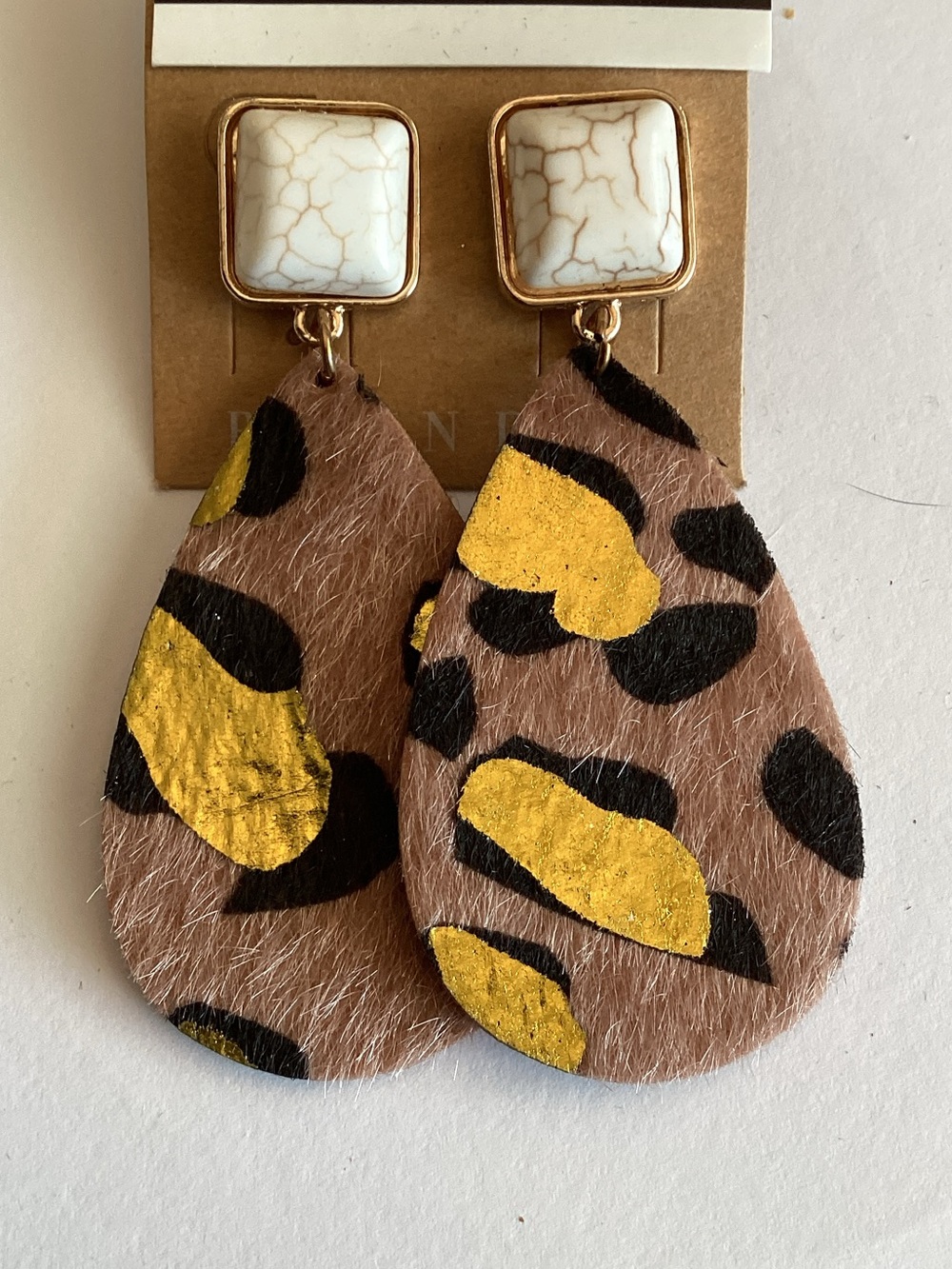 Plunder Gold &‎ Black Leopard Teardrop Faux Fur Earrings with White Stone Studs
